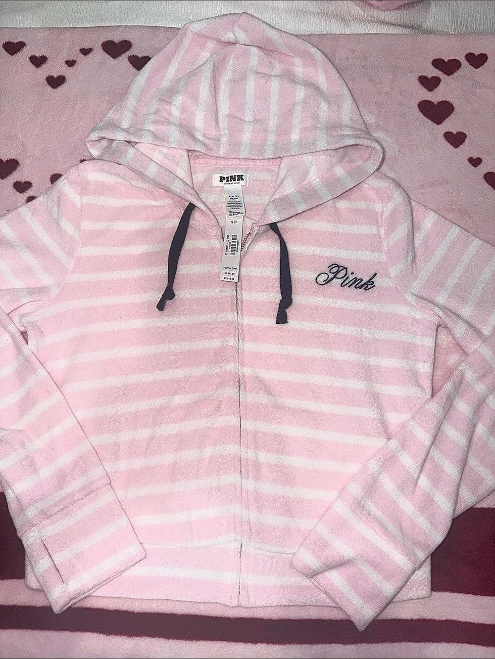 Victoria's Secret PINK terry Striped Zip Hoodie in Pink & White Size Small NWT